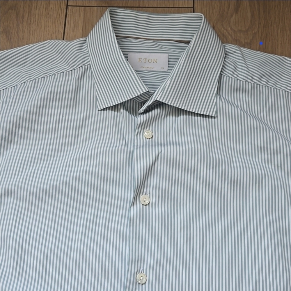 ETON Contemporary Mint Greesn Striped Dress Shirt Sz 44 17.5